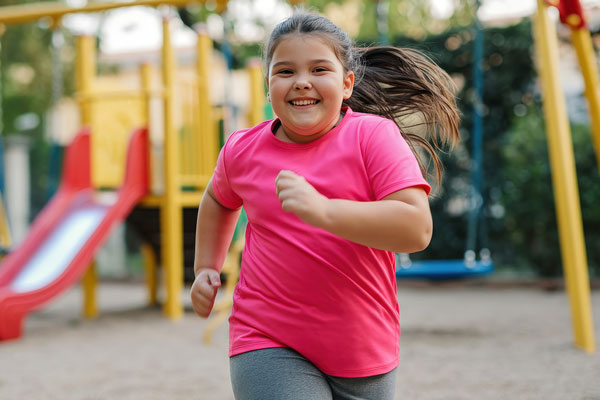 کودک چاق در حال دویدن در پارک