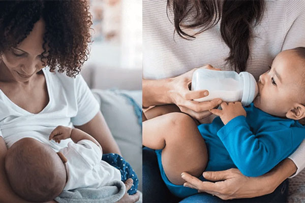 نوزاد در حال شیر خشک خوردن و خوردن شیر مادر 